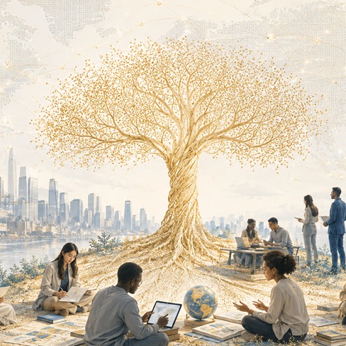 The Tree of ÌMỌ̀DÒYE™ — golden roots, trunk, branches and canopy on navy