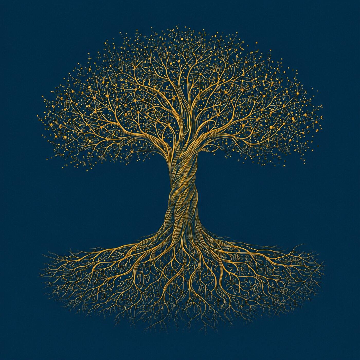 The Tree of ÌMỌ̀DÒYE™ — golden roots, trunk, branches and canopy on navy, symbolising the journey from Knowledge to Wisdom, Strategy and Impact